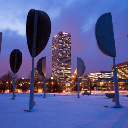 Milwaukee, Wisconsin, USA - February 23, 2010: Metal trees by the Discovery World in downtown Milwaukee, Wisconsin. Seen winter evening.